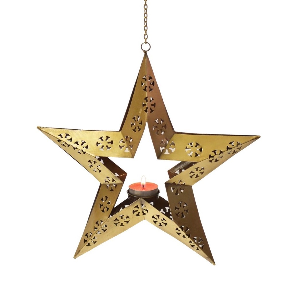 Mira Fair Trade Gold Metal Star Hanging Tea Light Lantern Snowflake Cutouts NWT